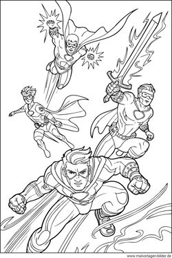 Vier Superhelden Ausmalbild PDF Ausdrucken kostenlos