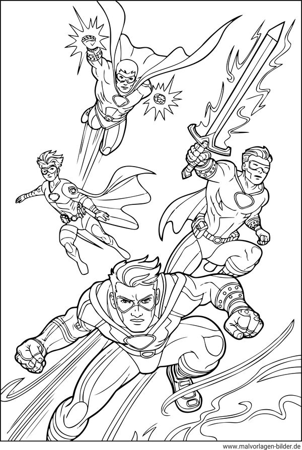 Vier Superhelden in Aktion Ausmalbilder