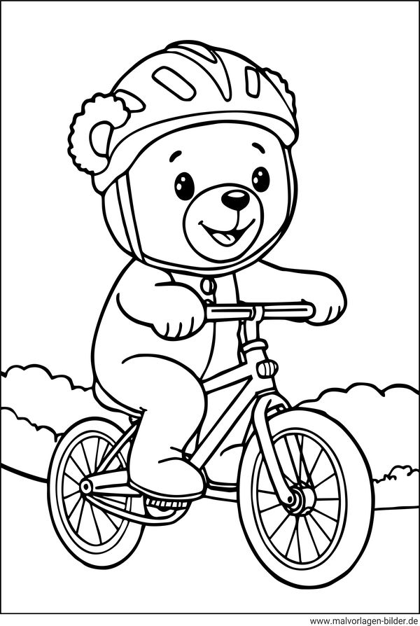 Ausmalbild Teddybär fährt Fahrrad