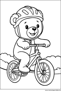 Ausmalbild Teddybär auf einem Fahrrad mit Helm