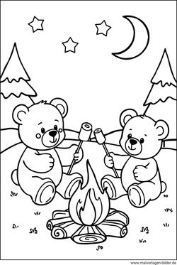 Ausmalbild Teddybär Lagerfeuer Sterne und der Mond
