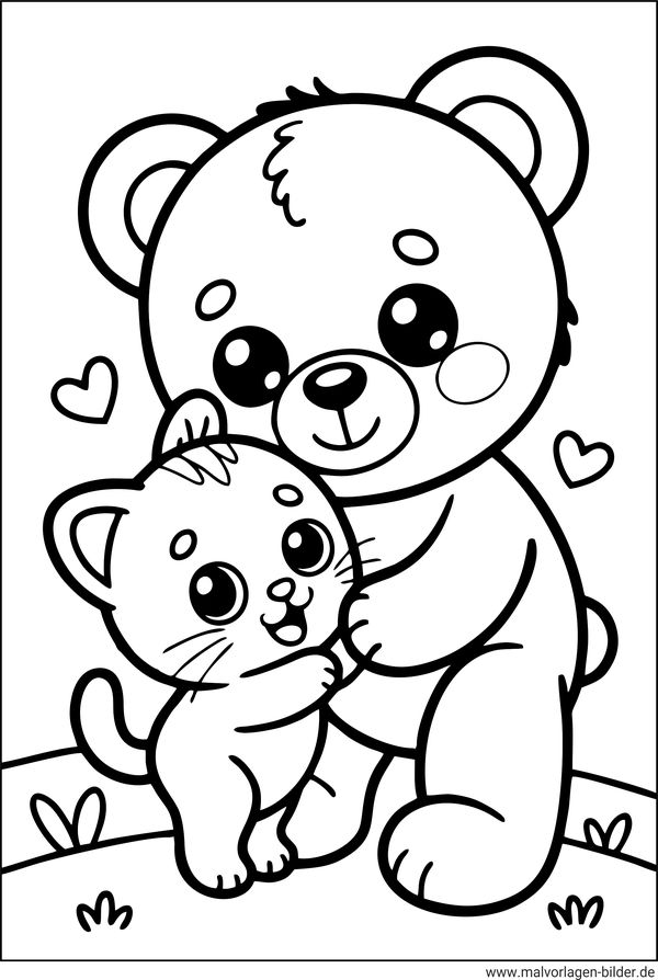 Ausmalbild Teddybär mit Katze