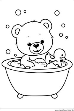 Ausmalbild Teddybär mit Quietscheente in der Badewanne