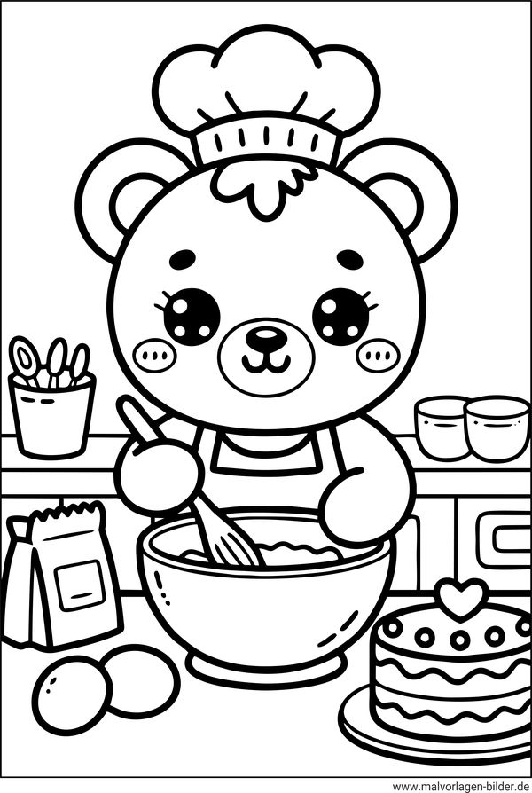Teddybär backt einen Kuchen Ausmalbild
