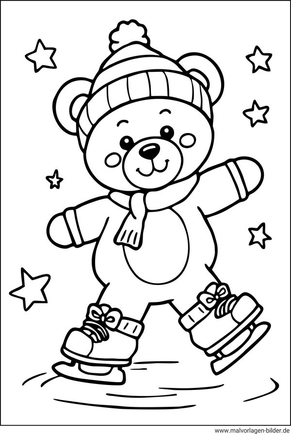 Teddybär beim Schlittschuhlaufen Malvorlage