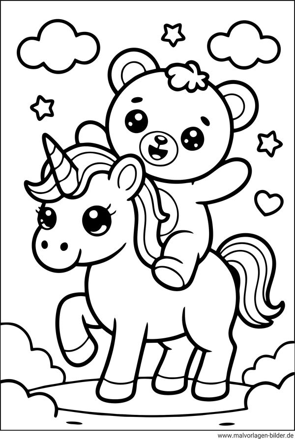 Teddybär und das Einhorn Ausmalbild