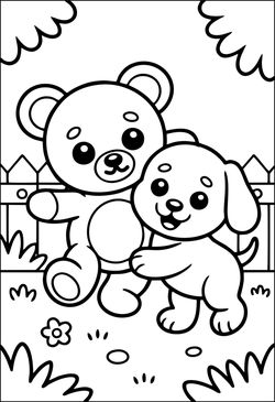 Teddybär und Hund spielen im Garten Ausmalbild drucken und malen