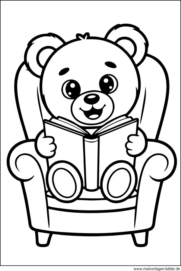 Teddybär liest ein Buch Ausmalbild