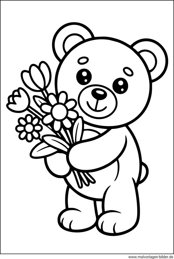 Teddybär mit Blumen Ausmalbild