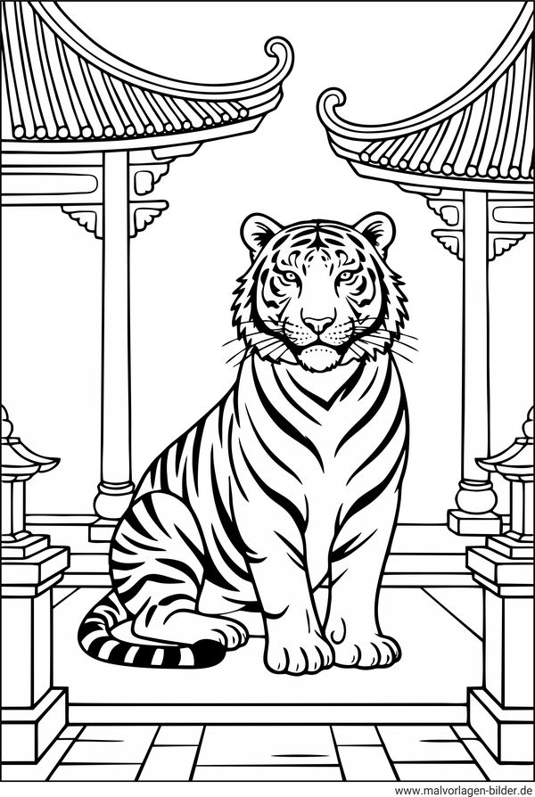 Ausmalbild Tiger im Tempel