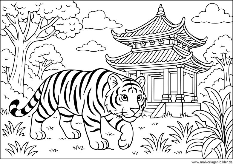 Ausmalbild Tiger in Asien