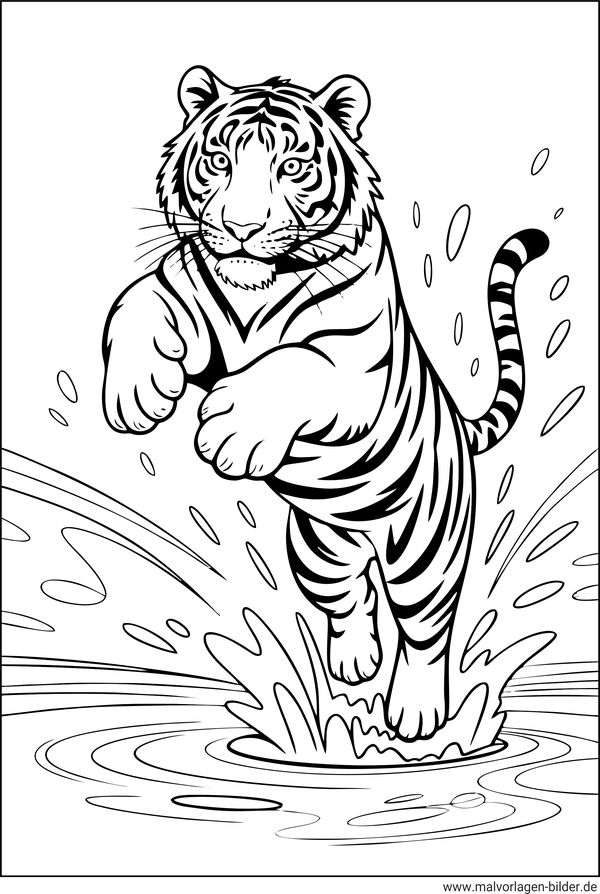 Ausmalbild Tiger springt durchs Wassser