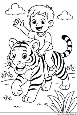 Junge und ein freundlicher Tiger Ausmalbild ausmalen
