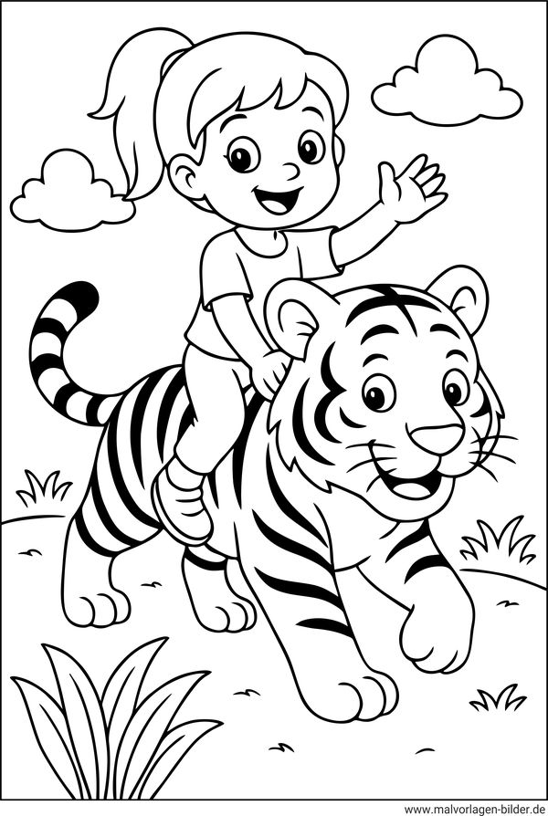 Mädchen reitet auf einem Tiger Ausmalbild