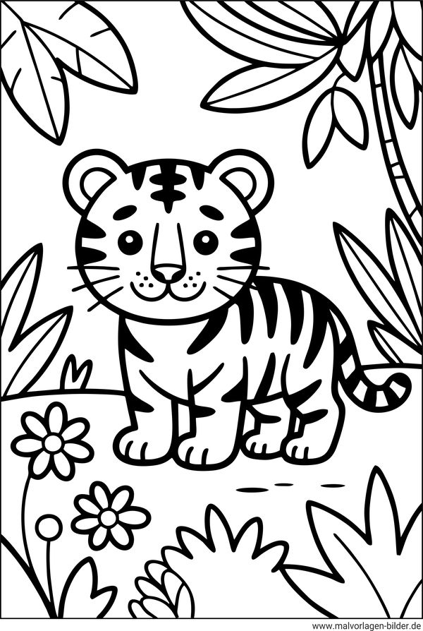 Tiger im Dschungel Ausmalbild Kinder ab 3 Jahren