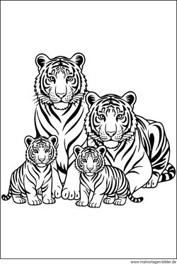 Tigerfamilie und Tigerbabys Ausmalbild drucken und ausmalen