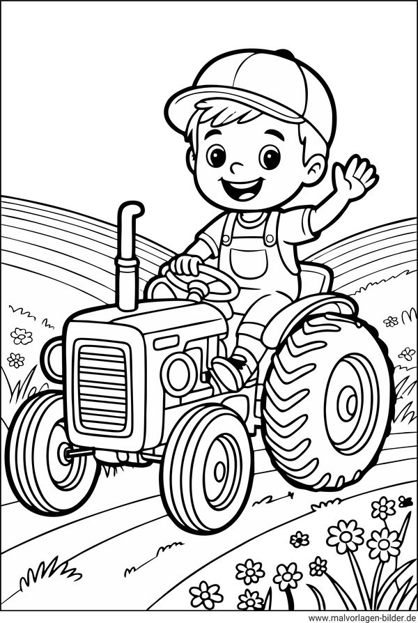 Ausmalbild Junge fährt einen Traktor