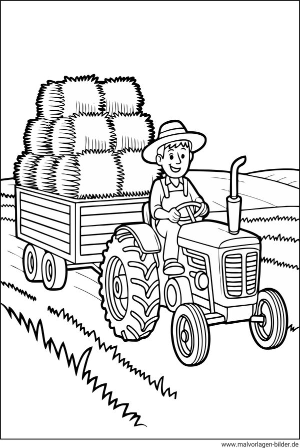 Ausmalbild Traktor mit Heuballen auf dem Anhänger