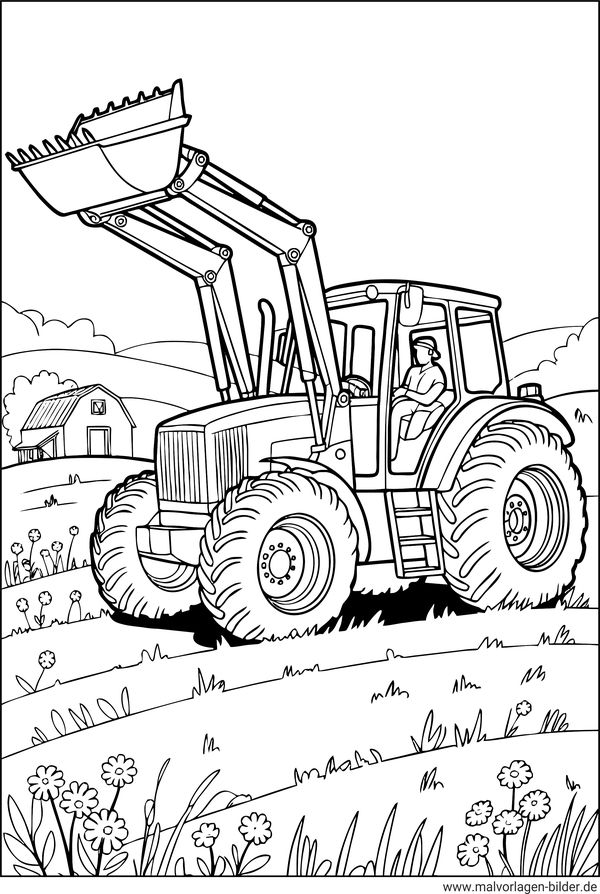 Ausmalbild Traktor mit Schaufel auf dem Feld