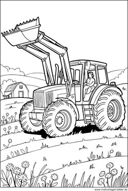 Ausmalbild Traktor mit Schaufel auf dem Land