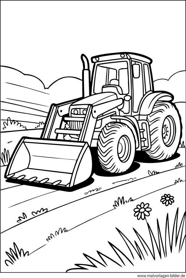 Ausmalbild Traktor mit Schaufel