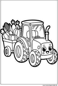 Traktor mit Anhänger als Malvorlage für Kinder kostenlos