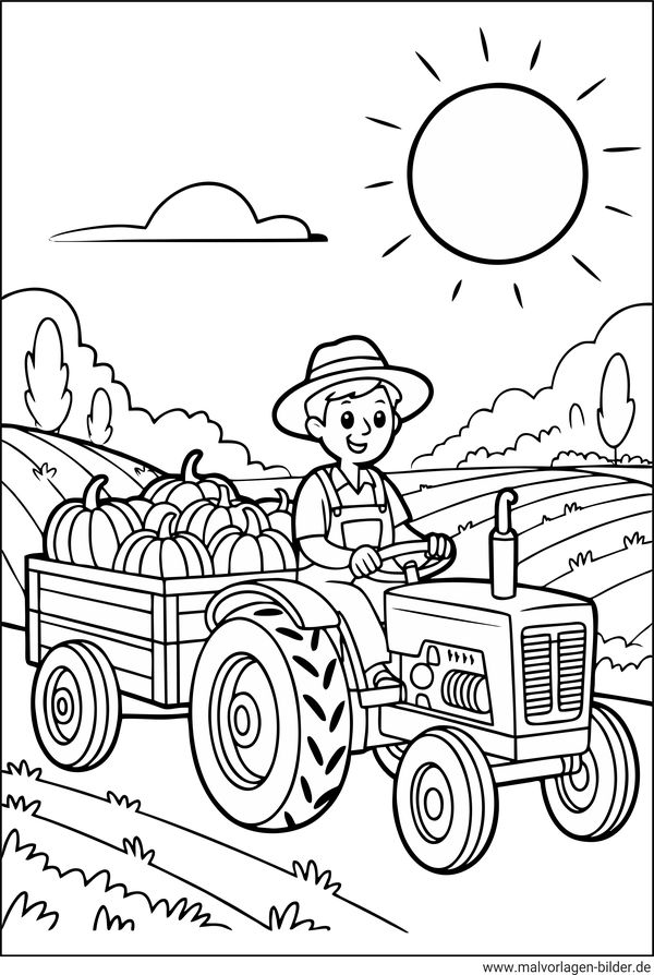Traktor mit Anhänger und Kürbissen Malvorlage