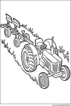 Traktor mit einem Pflug als Anhänger Ausmalbild kostenlos