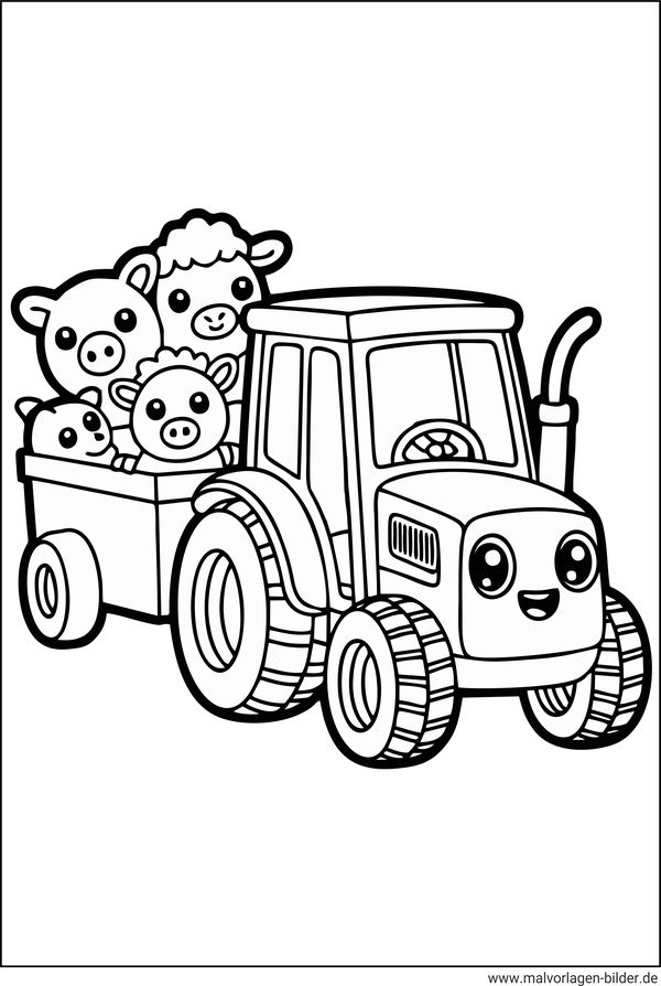 Traktor mit Tieren Ausmalbild für Kinder