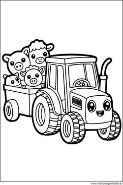 Traktort mit Anhänger und süßen Tieren Ausmalbild für Kleinkinder