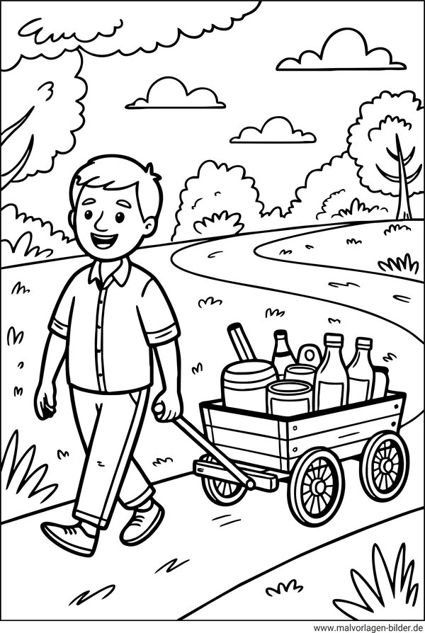Papa mit Bollerwagen Vatertag Ausmalbild