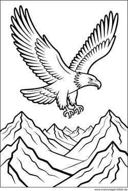 Ausmalbild Greifvogel fliegt über den Berge