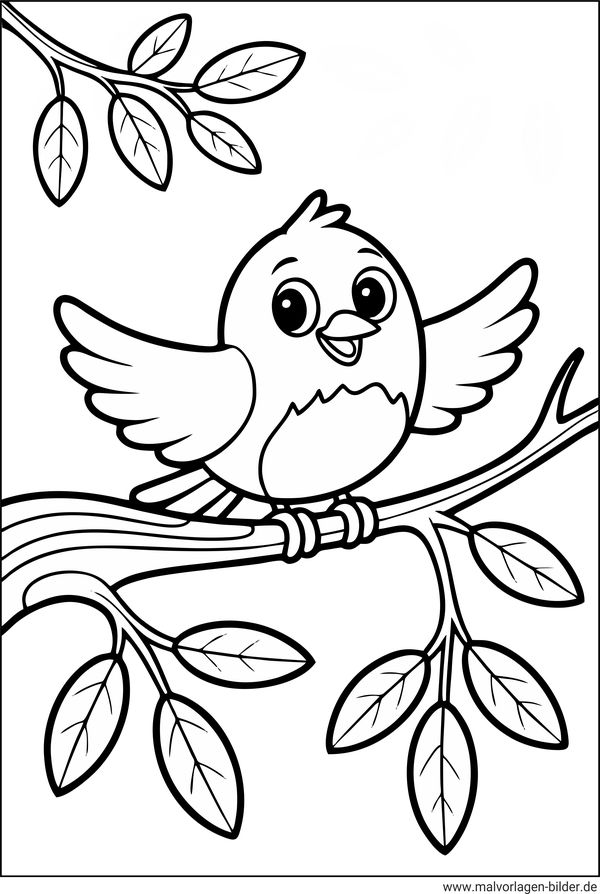 Ausmalbild Vogel auf einem Ast