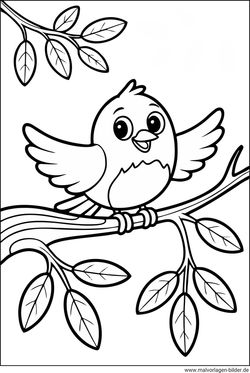 Ausmalbild Vogel auf einem Baum mit Blättern