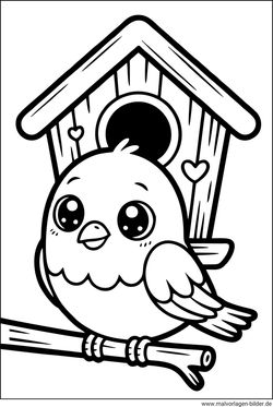 Ausmalbild Vogel sitzt vor einem Vogelhäuschen