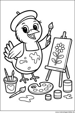 Kinder-Ausmalbild Vogel malt eine Blume