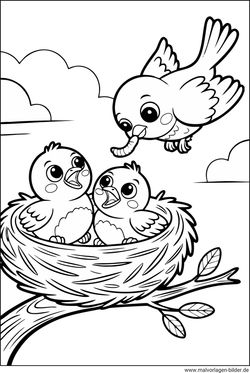 Vogel füttert die Babyvögel im Nest Ausmalbild