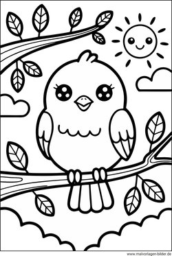 Vogel und die Sonne am Himmel Ausmalbild