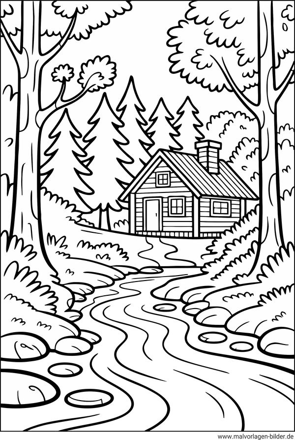 Ausmalbild Hütte im Wald