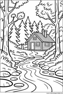 Holzhütte im Wald Ausmalbild