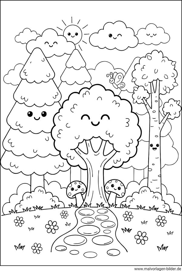 Kawaii Bäume im Wald Ausmalbild
