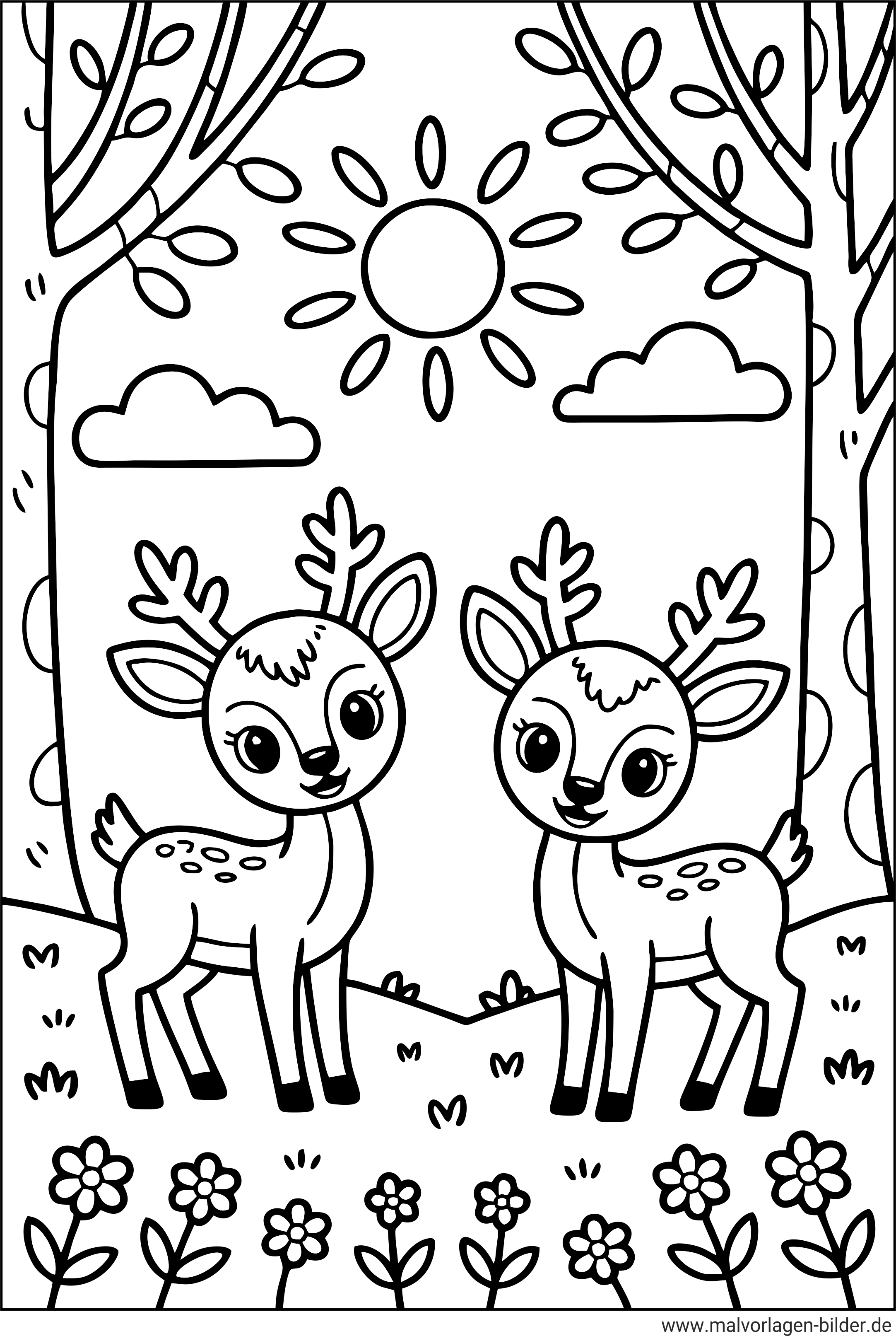 Rehe im Wald Ausmalbild für Kinder
