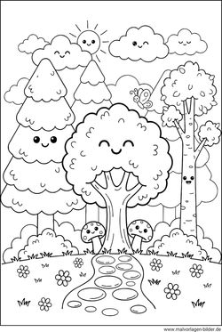 Wald Bäume mit Gesichter Ausmalbild
