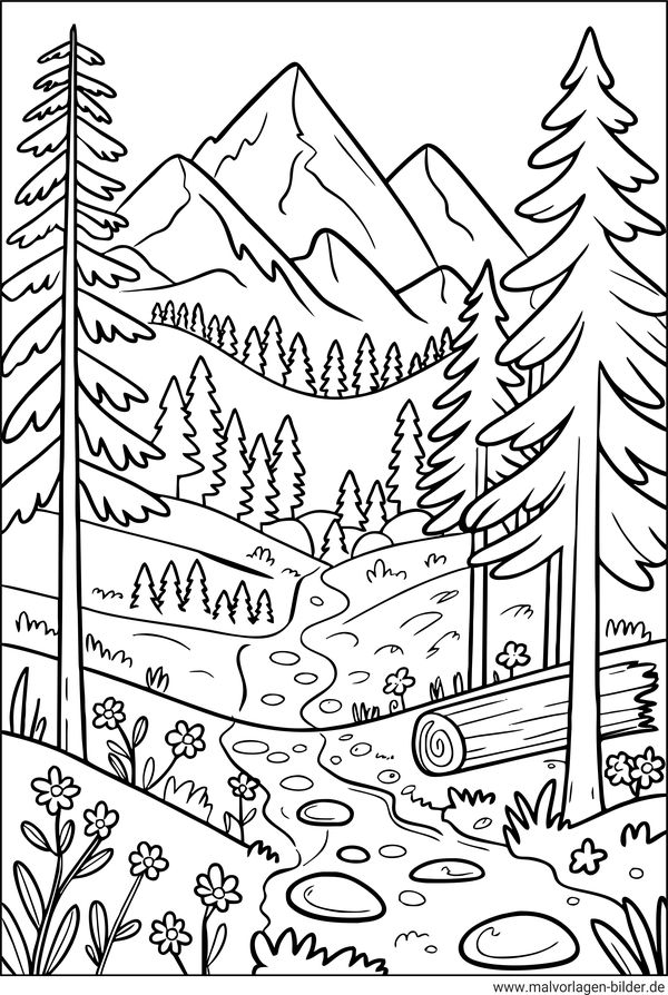Wald und die Berge Ausmalbild