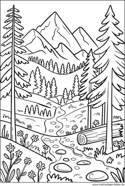 Wald Berge und die Natur Ausmalbild kostenlos