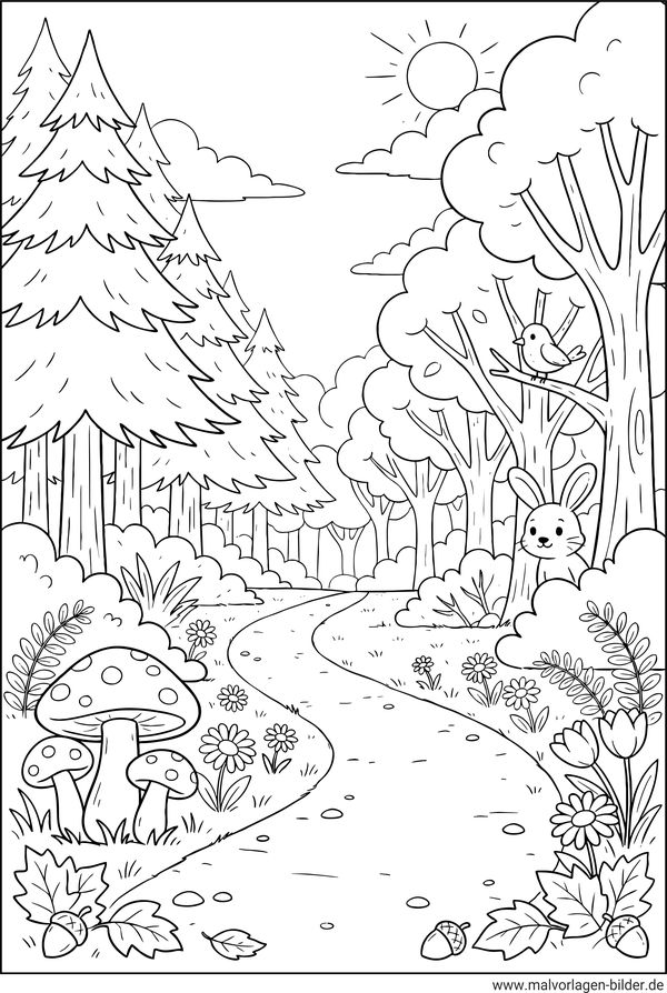 Wald, Tiere und Pilze Ausmalbild