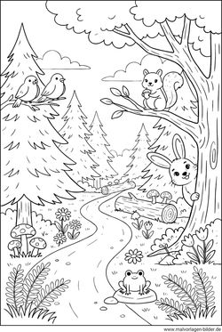 Waldtiere im wald Ausmalbild zum Herunterladen