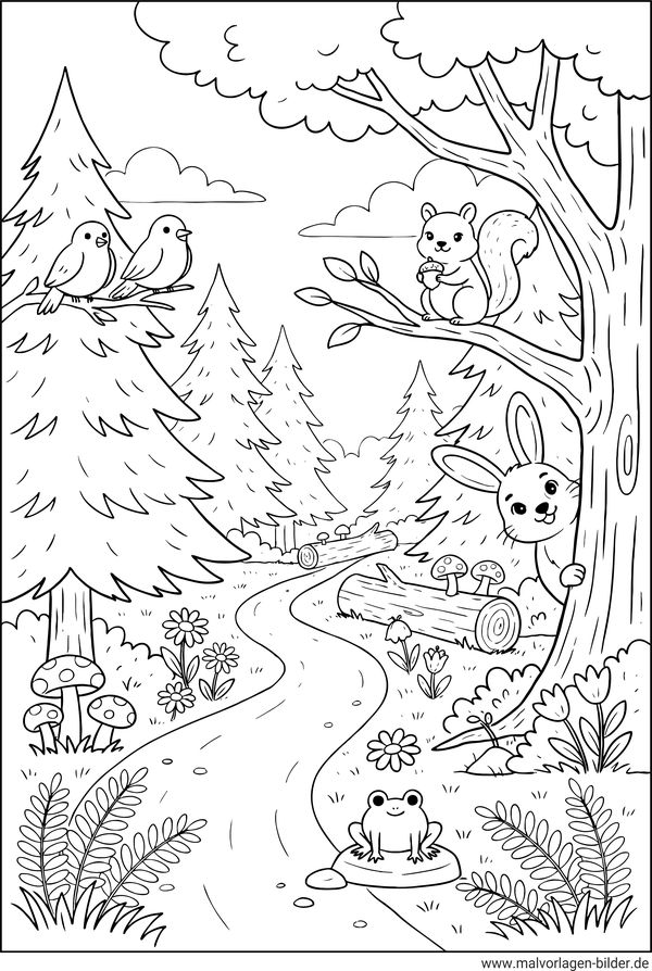 Waldtiere im Wald Ausmalbild
