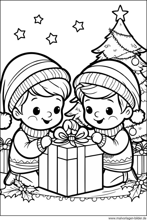 Ausmalbild Kinder packen ein Geschenk aus
