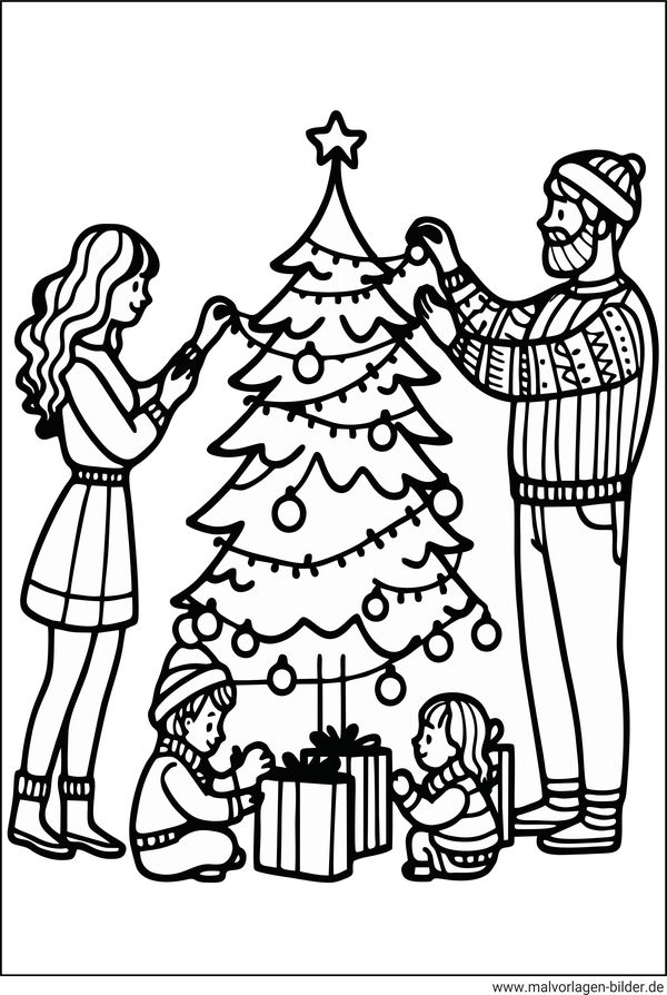 Ausmalbild Kinder schmücken mit Mama und Papa den Weihnachtsbaum